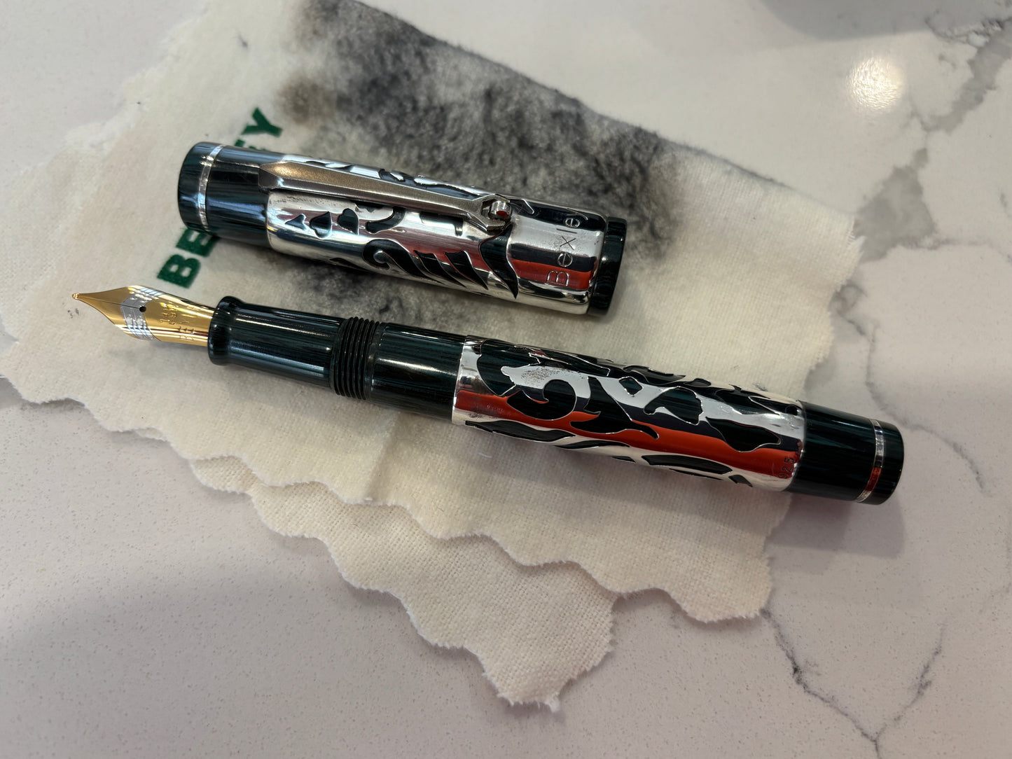 Bexley Decoband Ebonite Aqua Green Ripple Cupid Overlay (Only One Produced) - Fountain Pen