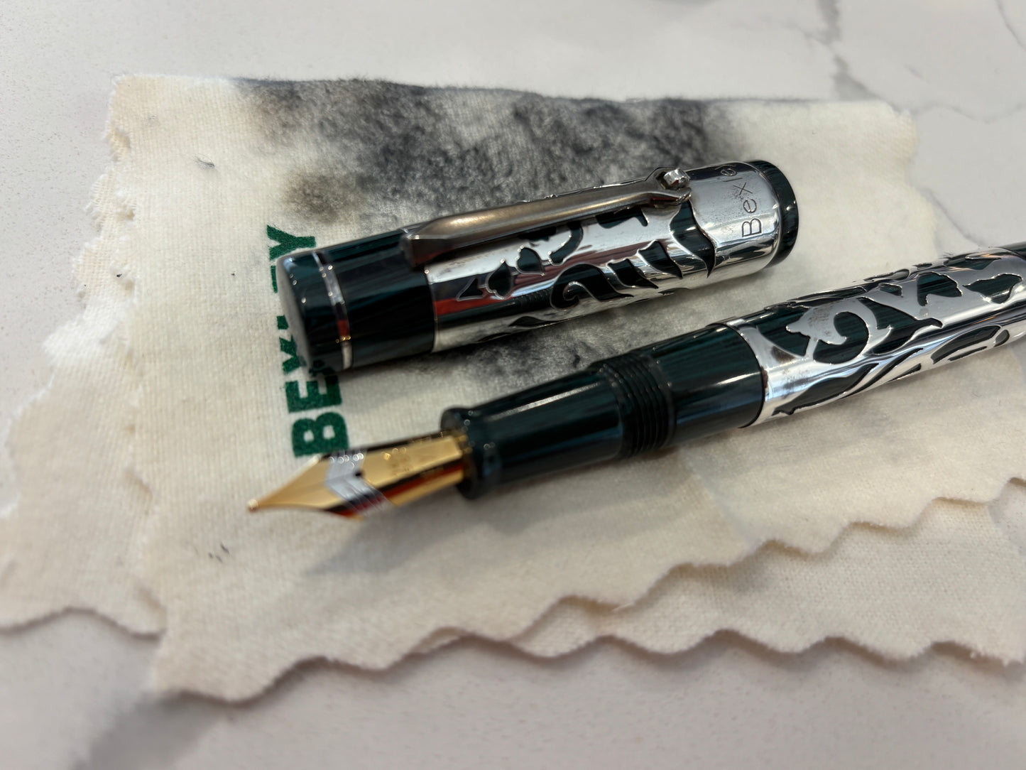 Bexley Decoband Ebonite Aqua Green Ripple Cupid Overlay (Only One Produced) - Fountain Pen
